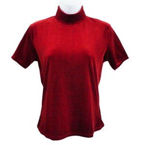 Vintage Royal Red Velour Mock Neck Pullover Top Short Sleeve USA S M